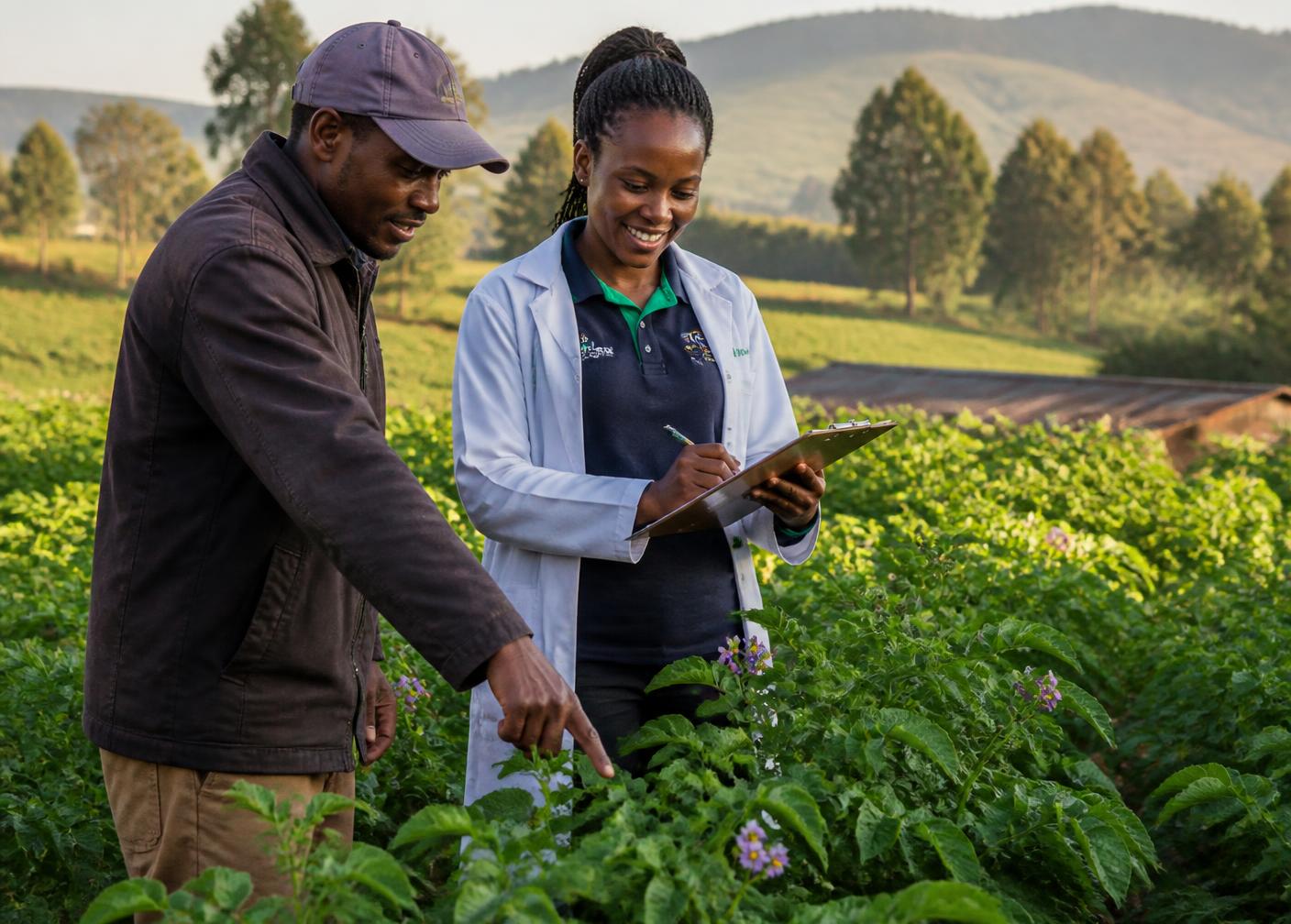 Farmer and agricultural professional discussing crops in a field