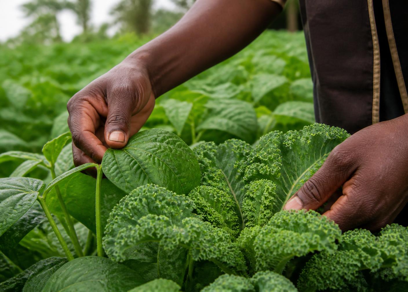 Close-up of a farmer inspecting healthy green crop leaves